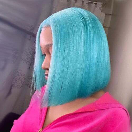 Blue Colored Bob Wig Human Hair Wigs Transparent Straight Short Bob Wig Lace Front Wig Brazilian Remy Hair Wigs For Black Women