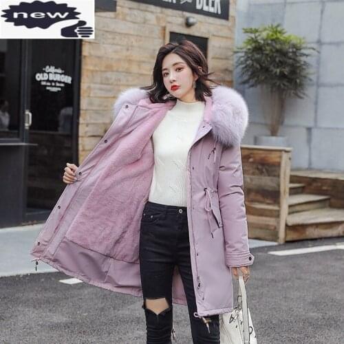 Oversize Long Sleeve Womens Medium Length Parkas Winter Warm Rabbit Lining Faux Fur Collar Loose Female Hooded Coats
