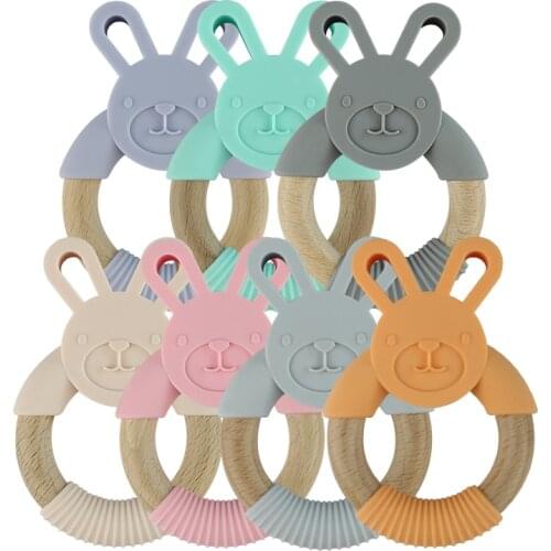Silicone Bunny Teething Ring Natural Wood Food Grade Silicone Soothe Babys Sore Gums Infant Teether Toys