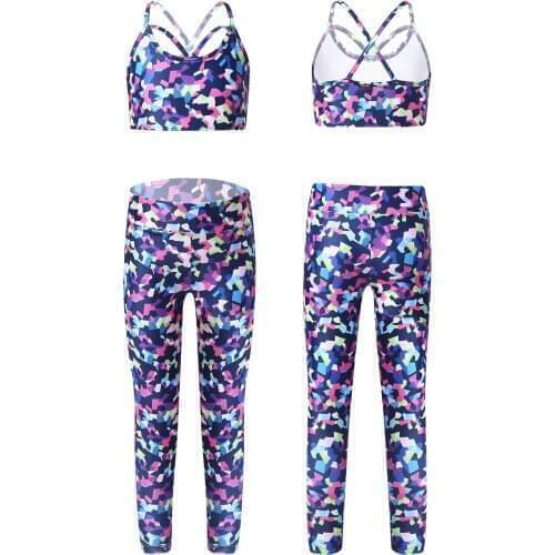 Kids Girls Dance Sets Gymnastics Workout Colorful Print Sport Suit Active Running Gym Yoga Bra Top High Waist Leggings Pants