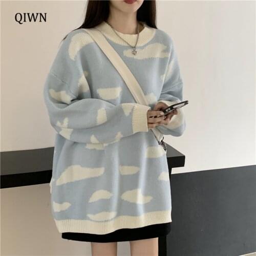 Cute Loose Knitted Sweater Women Autumn Winter O-neck Long Sleeve Casual Mid Length Pullover Girl Fashion Blue Basic Tops