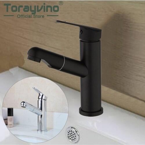Torayvino Bathroom Faucet Chrome & Black Basin Sink Deck Mounted Pull Out Faucets Single Handle Hole Hot & Cold Mixer Water Tap