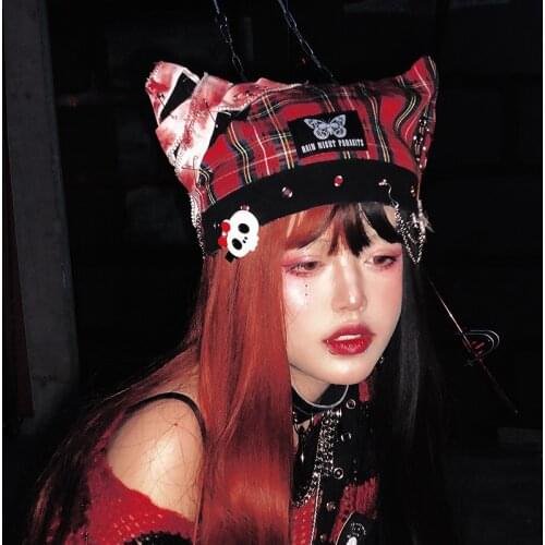 Punk Rock Red Black Plaid Chain Cat Ear Berets Hat Women Girls Bucket Hat Streetwear Hip Hop Caps