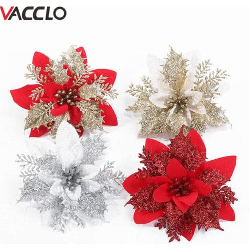 Vacclo 10pcs Christmas Tree Decoration Ornaments Christmas Large 14cm Poinsettia Glitter Flower Tree Hanging Party Decoration