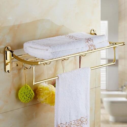 Bathroom towel rack Double Tier shower Storage Rack Wall Mounted foldable gold towel rack zinc alloy and SUS material