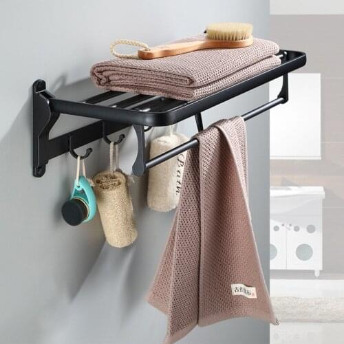 Bathroom Towel Rack with Hooks Folding Towel Holder Wall Mounted 50-60CMAluminum Black Towel Rail Holder Towel Hanger Bar