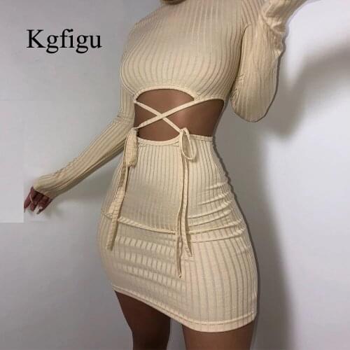 KGFIGU Knitting Ribbed Khaki Bandage Party Dresses For Women Sexy Long Sleeve Soft Stretchy Mini Vestidos Lady Birthday Outfits