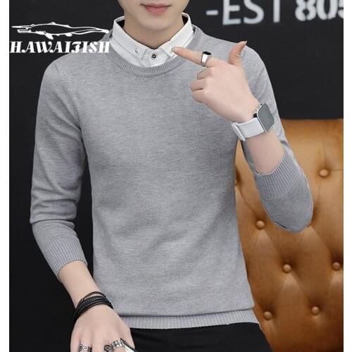 Knit sweater men fake two-piece shirt collar Korean mens round neck solid color sweater fashion casual sweater youth sweater