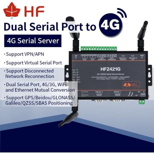 High Flying 4G DTU Router HF2421G With GPS GNSS BD Positioning Double Port Serial Device Server 3G GPRS Network Converter