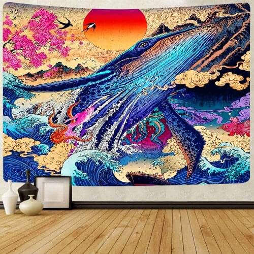 Simsant Japanese Ukiyo-e Tapestry Ocean Wave Hippie Koi Whale Sunset Wall Hanging Tapestries for Living Room Bedroom Home Decor
