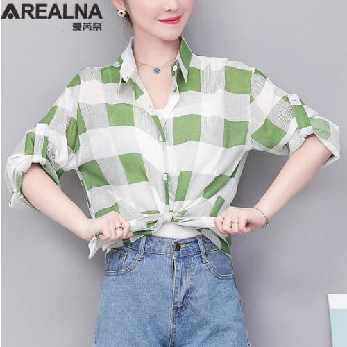 Chic Summer Oversized Chiffon Plaid Womens Shirt Aesthetic Beach Sunscreen Button Blouse Women Tie Front Top Blusas Ropa Mujer