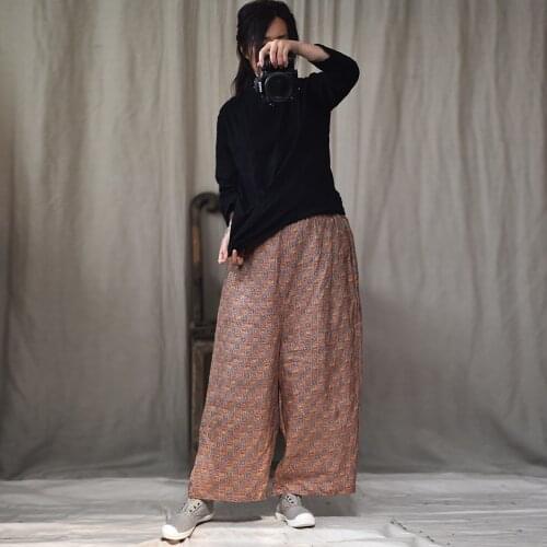 Women Spring Summer Printed Linen Elastic Waist Wide leg Pants Female Retro Flax Trousers Ladies Retro Vintage Loose Pants 2019