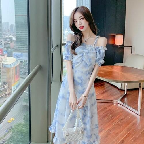 Long Dress Female Summer Women Short Puff Sleeve Square Collar Floral Print Party Dress Fashion Ruffles Spaghetti Strap Vestidos