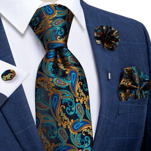 Teal Green Gold Paisley Neck Ties For Men Luxury Wedding Party Mens Tie Pocket Square Cufflinks Brooch Pin 8cm Tie Gift For Men