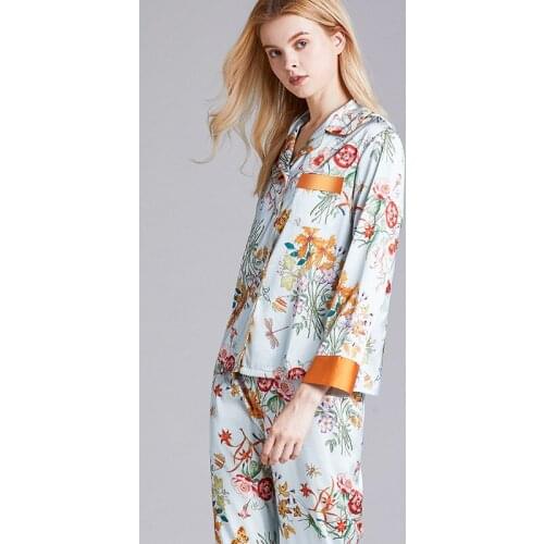 Two piece set summer ice silk pajamas set womens thin silk printed long sleeve home casual wear sales with free shipping