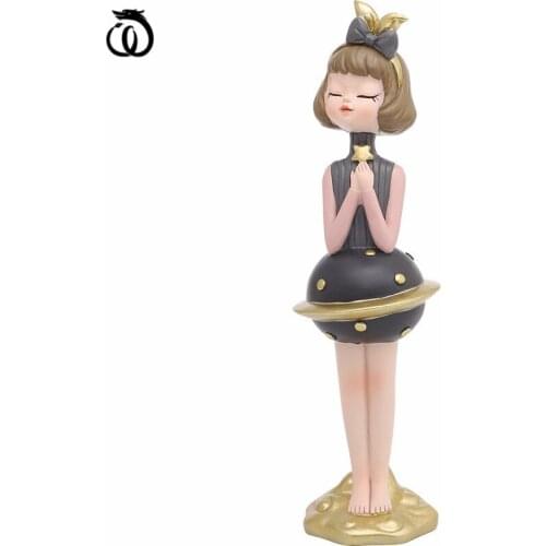 WU CHEN LONG Nordic Planet And Clouds Girl Art Sculpture Luxurious Modern Character Figurines Resin Crafts Home Decoration R6375