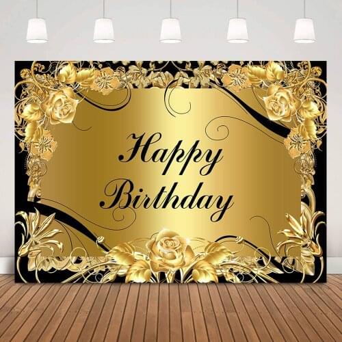 Golden Rose Happy Birthday Backdrop Decoration Adult Children Birthday Party Photo Background Black Gold Photography Props