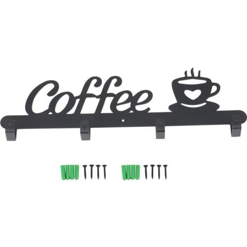 Metal Coffee Mug Holder, Wall Mounted Coffee Cup Rack With Coffee Sign, 4 Hooks Art Metal Cup Hanging Decor
