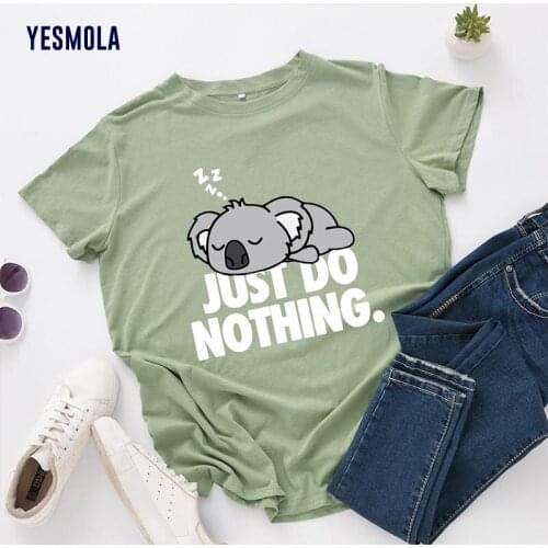 YESMOLA New Womens T-shirt Cute Lazy Koala Print T-shirts Female Short Sleeve Cotton Tees Tops Woman Summer Tshirt Plus Size