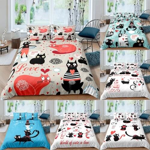 Cats Bedding Set Cute Duvet Cover Cartoon Bedclothes Blue White Home Textiles Bedspread Queen King Size For Kids Boys Girls