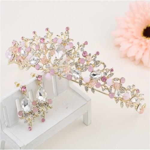 New Pink bridal crowns handmade tiara bride headband crystal wedding diadem queen crown with earrings wedding hair accessories