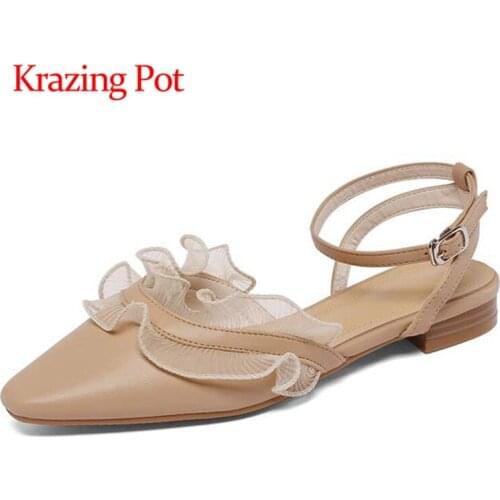 Krazing pot genuine leather square toe low heels shallow lace Princess style beauty lady buckle straps mules sandals women L21