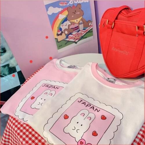2020 Summer New Women Cute Rabbit Print Cotton T-Shirt Girls Student Vintag Casual Sweet Pink Short sleeve pullover Tops Korean