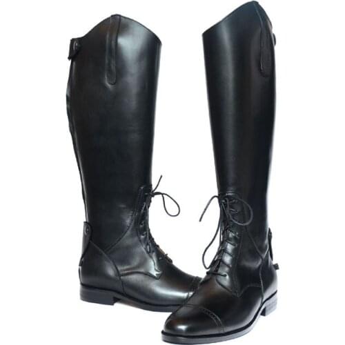 Mens Equestrian Obstacle Boots Lace-up Riding Boots Cowhide Black High-Tube Lace-up Motorcycle Boots