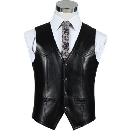 BONJEAN Mens Slim Fit Genuine Leather Vest Casual Business Suit Sheepskin Leather Waistcoat Tops High Quality Drop Shipping