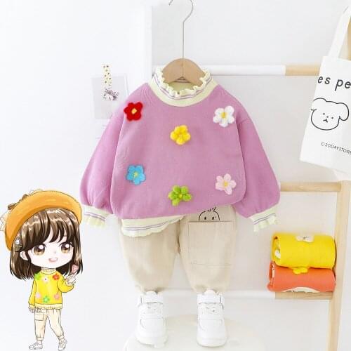 Baby girl clothes spring and autumn cute three-color small flower lace collar knitted sweater suit casual warm clothing