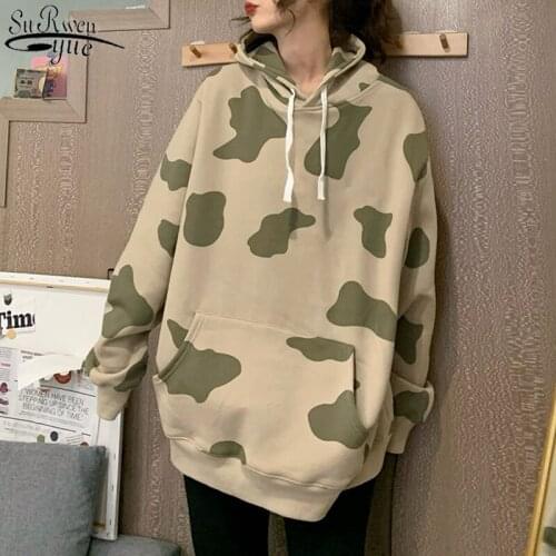 Autumn Women Cartoon Hoodies Fleece Long Sleeve Womens Jacket Sweatshirts Women 2021 Oversized Printed Cows Streetwear 11827