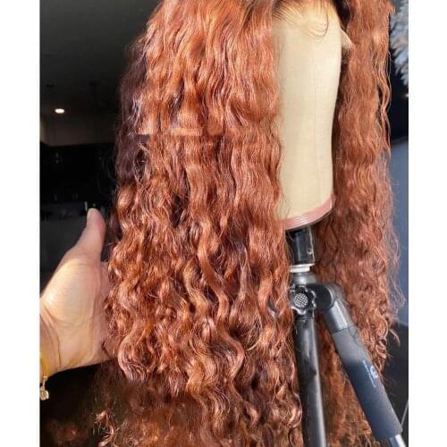 Dark Orange Long Curly Lace Frontal Human Hair Wigs With Baby Hair Free Part Glueless Lace Wigs With Natural Hairline For Women