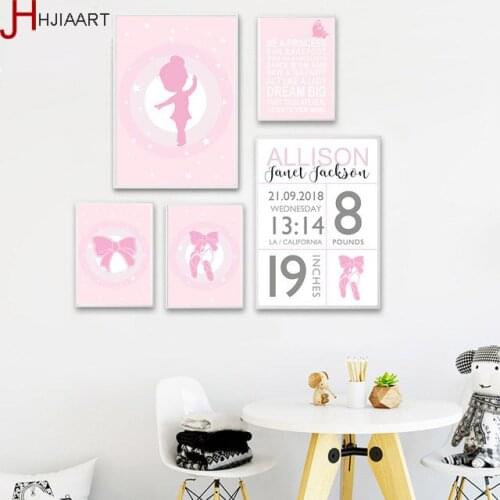 Personalized Baby Birth Custom Poster Cartoon Pink Nursery Canvas Art Print Painting Wall Picture Girls Room Decoration Art