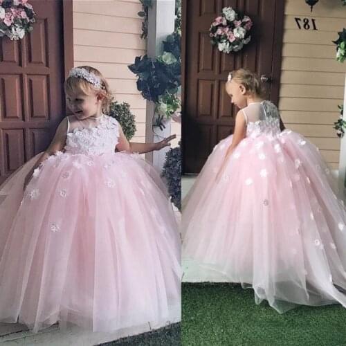 Lovely Beads Flower Girl Dresses Floral Appliques Jewel Neck Capped Pageant Dress Kids Party Gown Family Matching Clothes