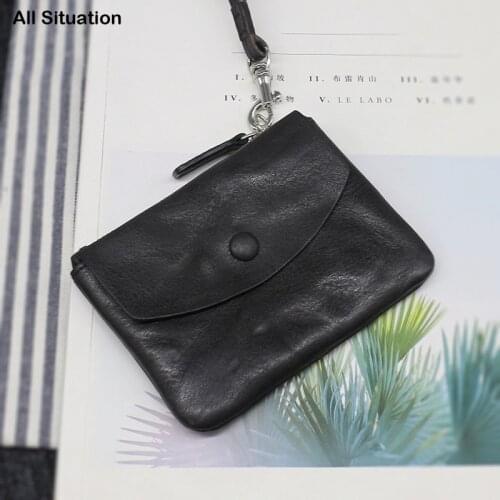 Luxury Coin Purses Women Genuine Leather Top End Vintage Neck Lanyard Credit Card Wallets Zipper Key Bag Male Hasp Coin Pouch