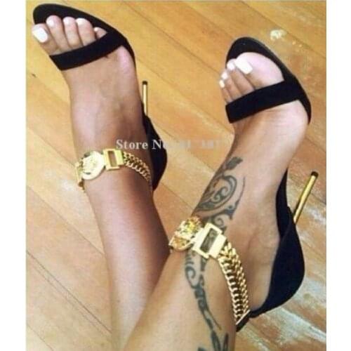 Open Toe Mixed Color Gold Chains Black Suede Ankle Wrap Thin Heel Gladiator Sandals Gladiator Women Sandals Summer Dress Shoes