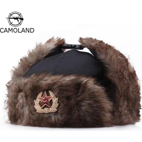 CAMOLAND Soviet Army Military Badge Bomber Hats Men Russia Ushanka Pilot Trapper Hat Winter Warm Earflap Caps Snow Skiing Cap