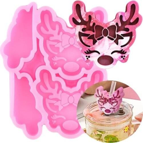 Disney Elk Straw Topper Silicone Mold DIY Keychain Epoxy Resin Molds Christmas Deer Cookie Baking Candy Chocolate Fondant Mould