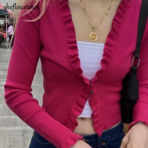 Woman sweater vintage knitted cardigan spring long sleeve sweater ruffle v neck cropped cardigan kawaii short cardigan women