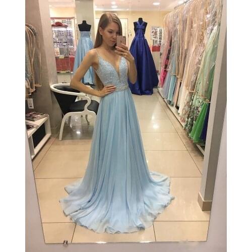 2020 Modest Design Sky Blue Evening Dress Sexy Deep V Neck Spaghetti Prom Dress With Sash A Line Customize Formal Guest Wear