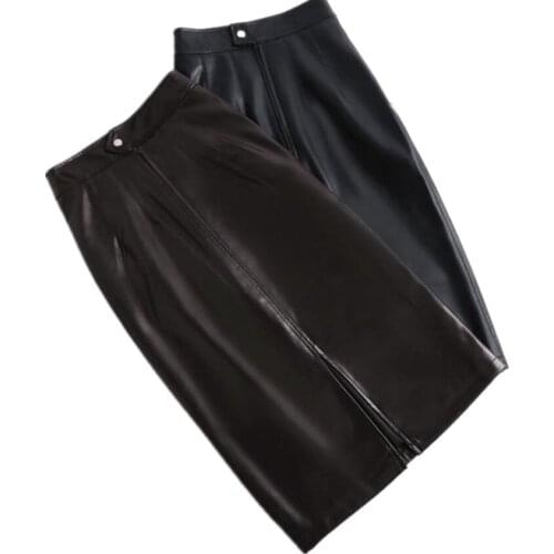 Faux Leather Pencil ol Skirt Women 2021 Autumn Winter Solid Knee Length Slit PU High Waist Skirt Office Lady