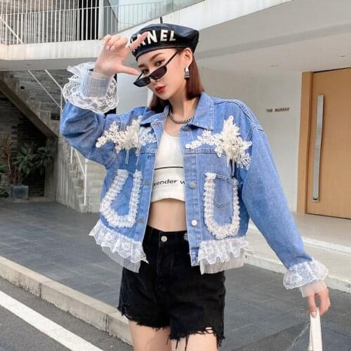Autumn Womens Denim Cropped Jacket Female Pockets Lace Ruffles Short Jean Jackets Ladies 2021 New Fashion Button Casual Coats
