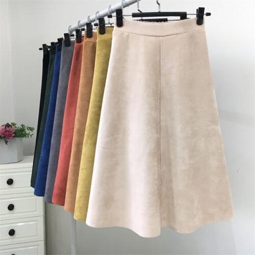 Womens Fashion Suede A-line Skirts Female Vintage Style Winter Front Zipper Button Ladies knee-Length Skirts