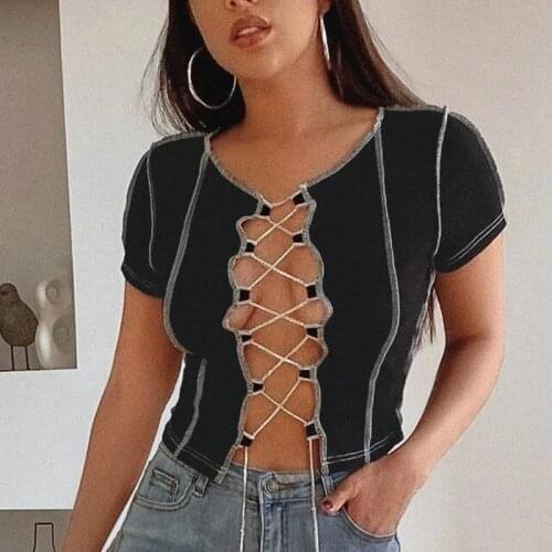 Women’s Casual Short Sleeve T-shirt Fashion Solid Color Reverse Line Bandage Exposed Navel Tops