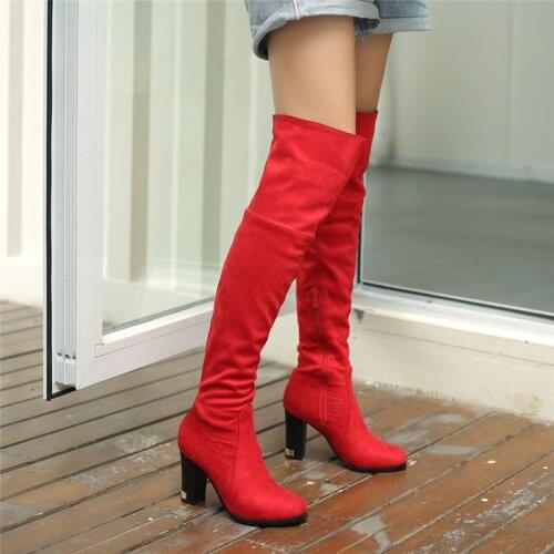 YMECHIC 2018 Womens Plus Size 34-45 Autumn Block High Heels Shoes Knee High Knight Riding Boots Female Red Black Long Botas