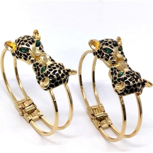 Punk Two Leopard Head Crystal Bangle Gold Color Two Row Line Cuff Bangle Fashion Women Jewelry Girl Gift