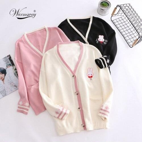 Women Cardigans Cartoon Rabbit Embroidery Knitted Sweater 2021 Spring Long Sleeve V-neck Preppy Style Cute Top Kawaii C-276