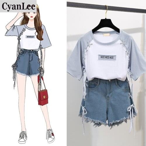 Summer Women two piece set Casual O-Neck tops + shorts Skirts Elastic waist Drawstring Pockets Thin Set 2 Piece Set