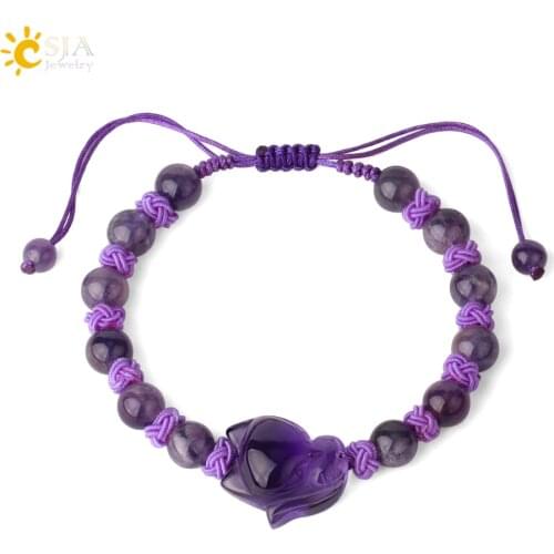 CSJA Natural Stones Strand Bracelets Reiki Pink Quartz Purple Crystal Braided Rope Fox Charms Adjustable Bangles for Female G356
