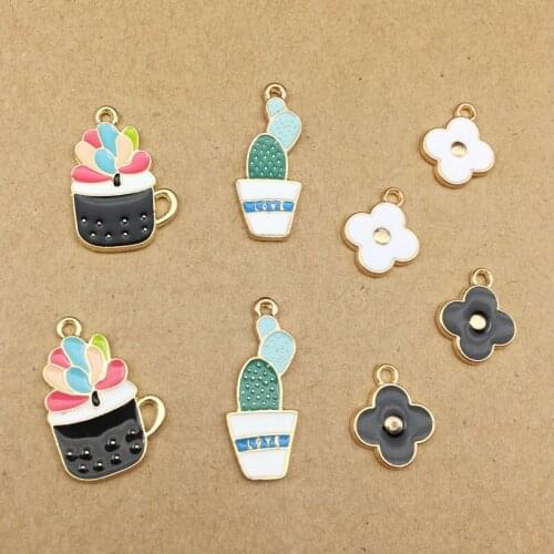 10pcs Cute Metal Dangle Enamel Cactus Flower Charms For Necklace Earrings Pendant Handmade Jewelry Making DIY Material YZ435